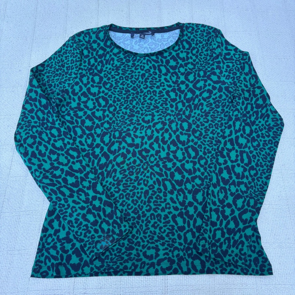 Women's PM Green Navy Blue Leopard Animal Print Ribbed Long Sleeve Cotton Top